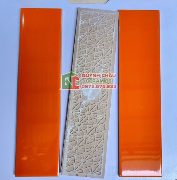 Gạch thẻ 75x300 trang trí màu cam bóng