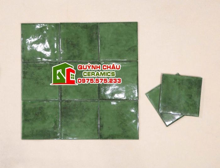 Gạch thẻ giả cổ 15x15 bóng màu xanh rêu hiệu ứng