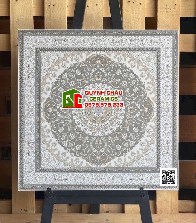 Gạch trang trí ấn độ 60x60 hoạ tiết thảm viền màu xám