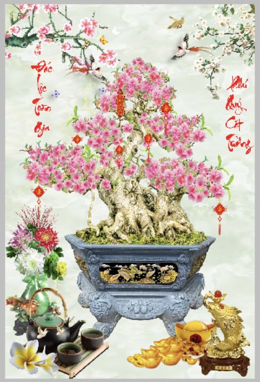 Gạch tranh 3D cây đào chữ thư pháp