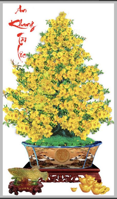 Gạch tranh 3D cây hoa mai phủ kim tuyến