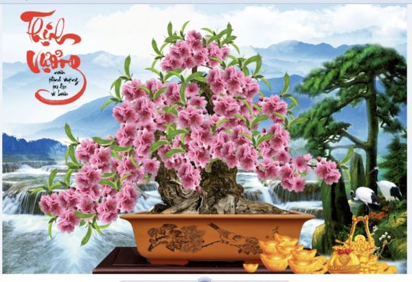 Gạch tranh 3D hoa đào chữ thịnh vượng