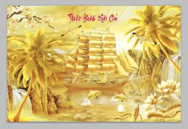 Gạch tranh 3D màu vàng cảnh thuyền buồm xuôi gió