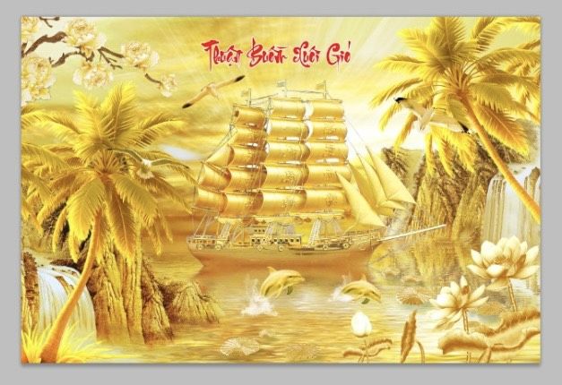 Gạch tranh 3D màu vàng cảnh thuyền buồm xuôi gió