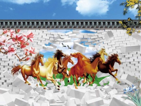 Gạch tranh 3D ngựa chạy bức tường gạch cổ