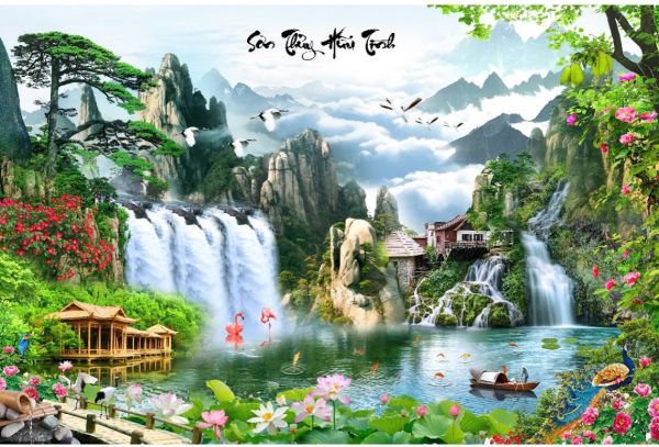 Gạch tranh 3D sơn thuỷ hữu tình phủ UV