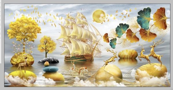 Gạch tranh cảnh vật và thuyền buồm phủ kim tuyến