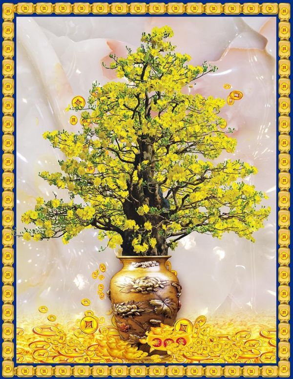 Gạch tranh cây mai trang trí phòng khách