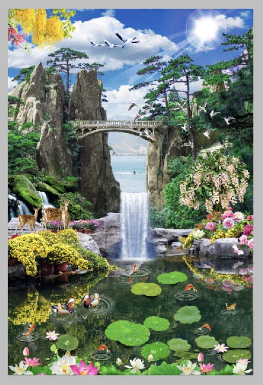 Gạch tranh hồ nước xanh biếc giữa núi non hùng vĩ