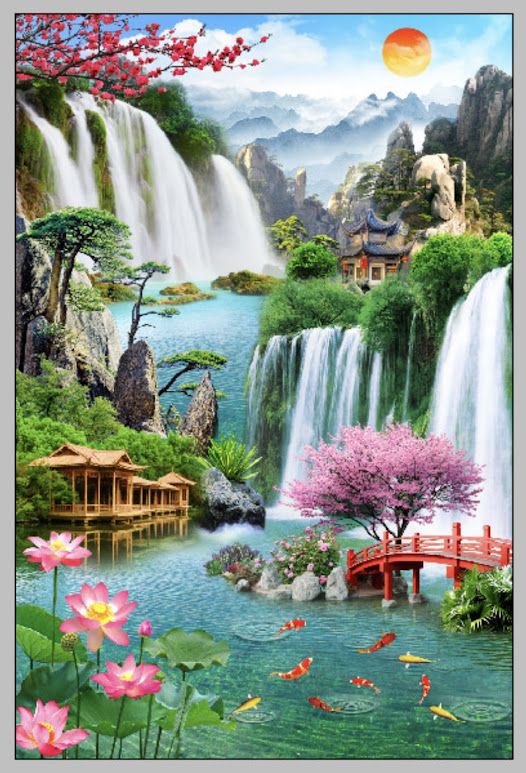 Gạch tranh bên hồ cá chép bơi lội