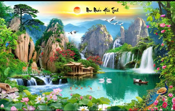 Gạch tranh non nước hữu tình phong cảnh đẹp