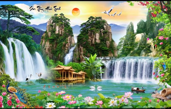 Gạch tranh ốp tường phong cảnh sơn thuỷ hữu tình