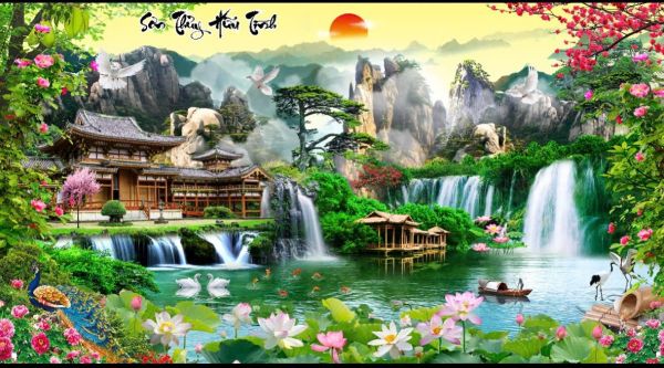 Gạch tranh sơn thuỷ hữu tình kim tuyến định hình