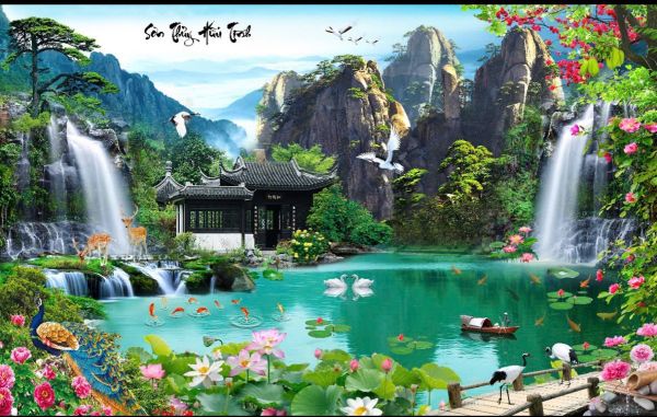 Gạch tranh sơn thuỷ hữu tình kim tuyến toàn phần