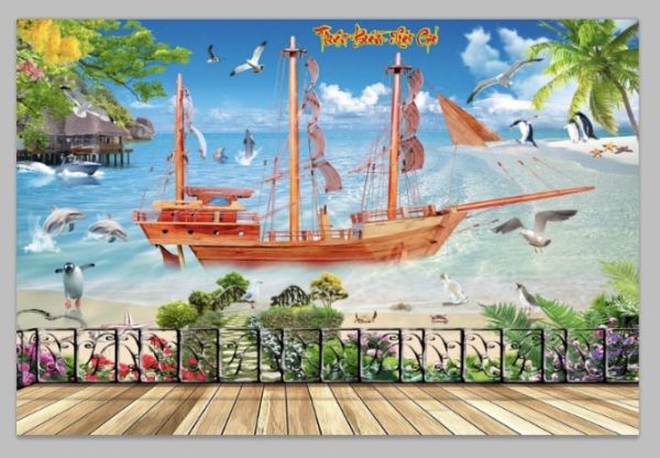 Gạch tranh trang trí cảnh thuyền buồm xuôi gió