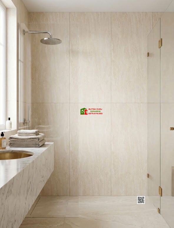Gạch granite vân đá Travertine mờ vàng kem 60x120cm cao cấp