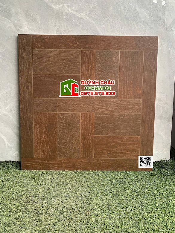 Gạch vân gỗ nâu óc chó 60x60 hoạ tiết ngang dọc        