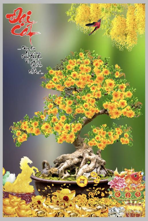 Tranh cây hoa mai vàng chữ đại cát