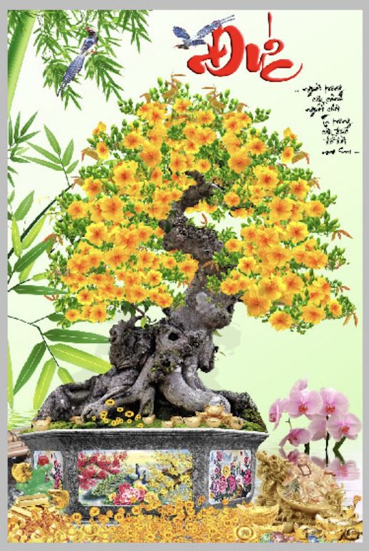 Tranh gạch 3D cây hoa mai chữ đức