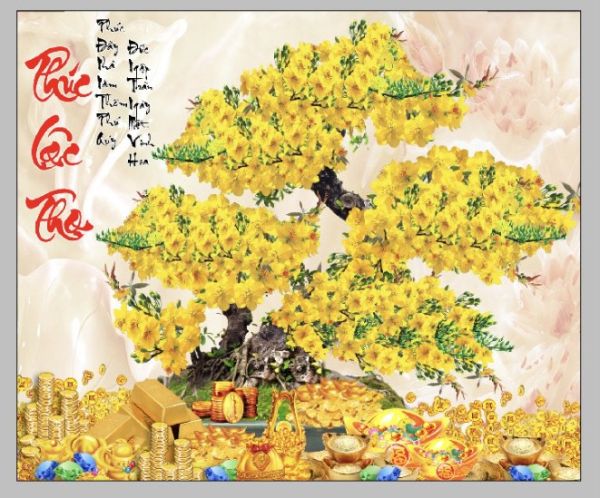 Tranh gạch ốp tường cây mai phủ kim tuyến