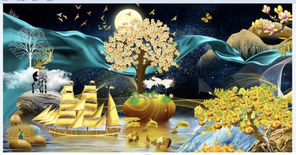 Tranh kính 3D kim tuyến định hình thuận buồm 