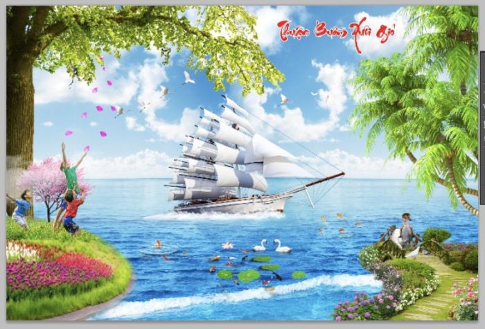 Tranh kính 3D phủ kim tuyến thuận buồm xuôi gió