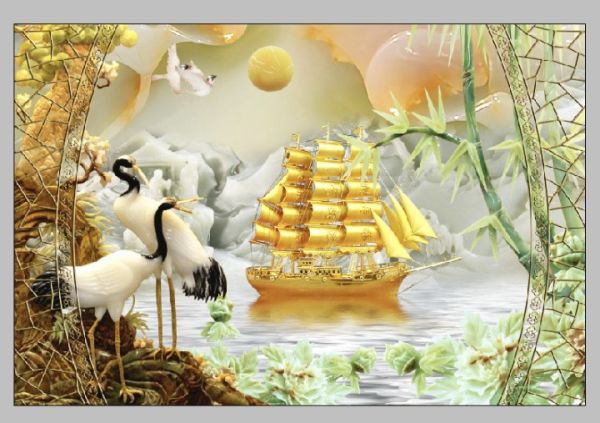 Tranh kính cảnh thuyền buồm phủ kim tuyến