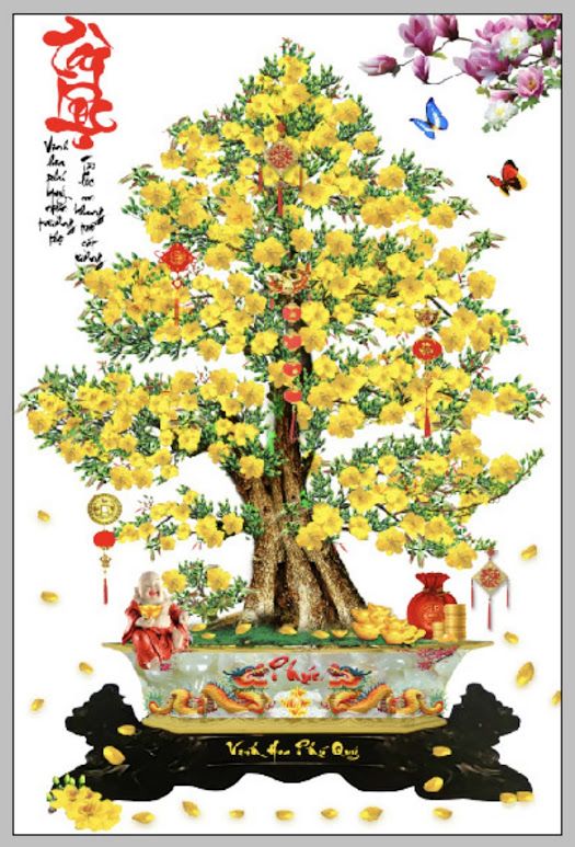 Tranh kính cây hoa mai kim tuyến định hình