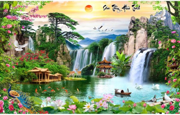 Tranh kính cường lực cảnh sơn thuỷ hữu tình