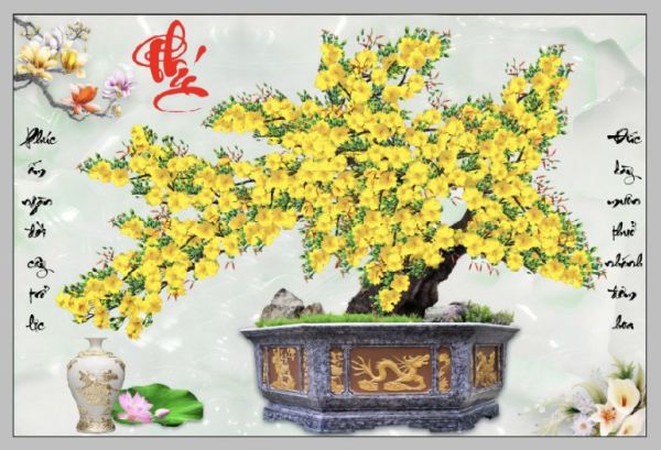 Tranh hoa mai vàng phủ kim tuyến định hình