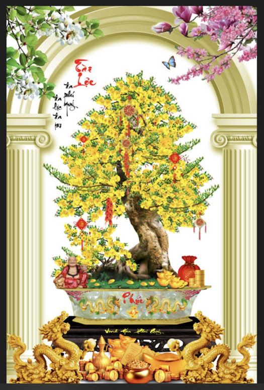 Tranh kính nguyên khổ cây hoa mai chữ tài lộc