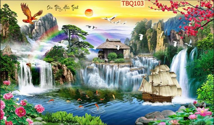 Tranh kính nguyên tấm sơn thuỷ hữu tình