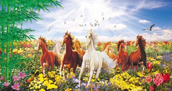 Tranh kính phong cảnh ngựa mã đáo thành công kim tuyến