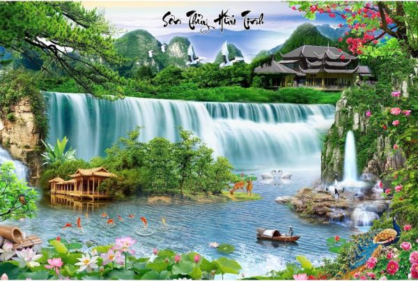 Tranh kính sơn thuỷ hữu tình phủ kim tuyến