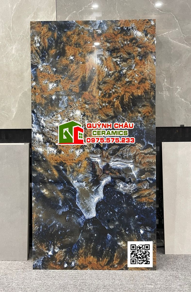 Gạch ốp mặt tiền 60x120 màu xanh vân đá siêu bóng