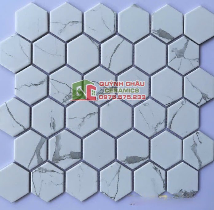 gạch mosaic vỉ lục giác trắng vân đá mờ