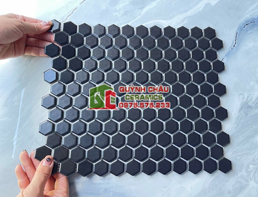 gạch mosaic lục giác màu xanh rêu vân đá